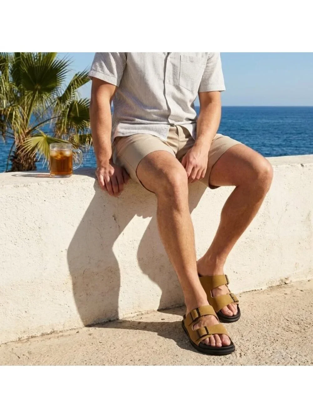 Men's Camel Alpha Leather Sandals Casual Slip On Flat Adjustable Buckles